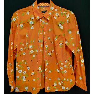 TALBOTS PETITE Floral Cotton Blouse Orange Long Sleeve Size 5P-See Measurements